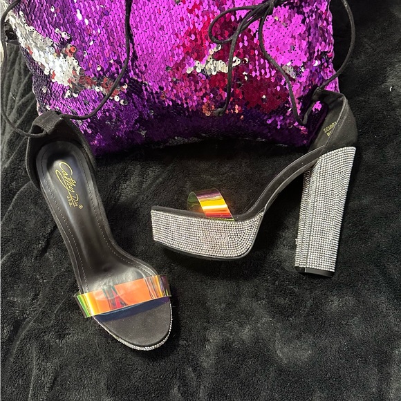 Womens Cathy Din Platform Rhinestone Heels Black/Chameleon Straps Size 8 - Picture 4 of 8